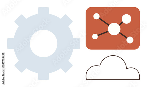 Technology, cloud storage, digital networking, system integration, innovation, data management. Gear, cloud outline and connected network nodes. Technology and cloud storage concept