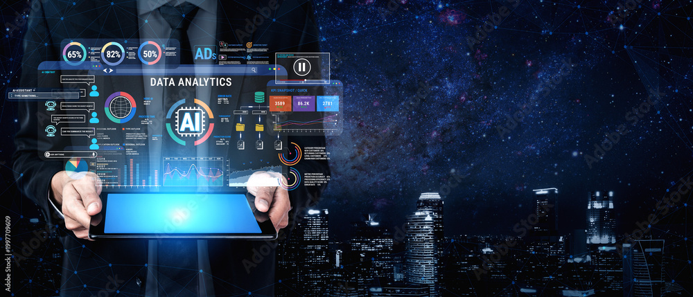 Obraz premium Businessman Holding Tablet Displaying Data Analytics Interface with AI Insights and Digital Graphs in Night Cityscape Background Fluxor.