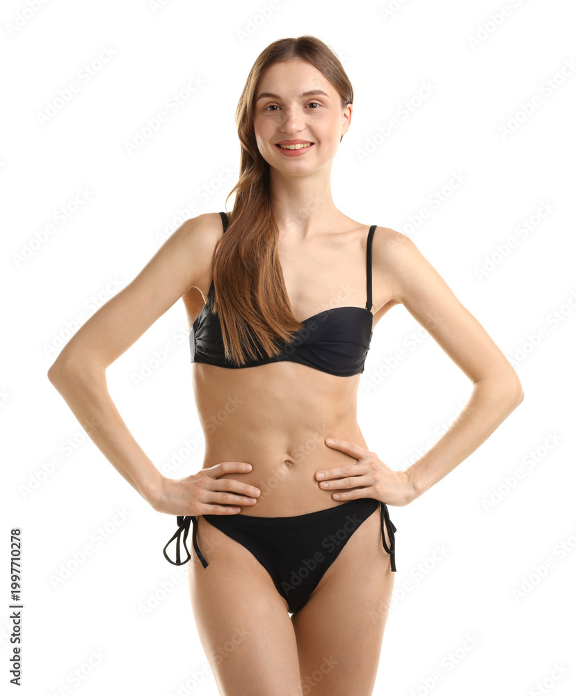 Obraz premium Beautiful woman wearing stylish swimsuit on white background