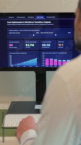 Business analyst reviews dashboard showing cost savings, ROI, and workforce readiness for AI integration and job replacement - SaaS layoff concept