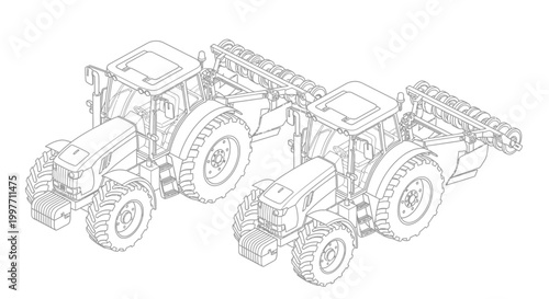 Two agricultural tractors with attached harvesting equipment, depicted in a detailed line drawing style.