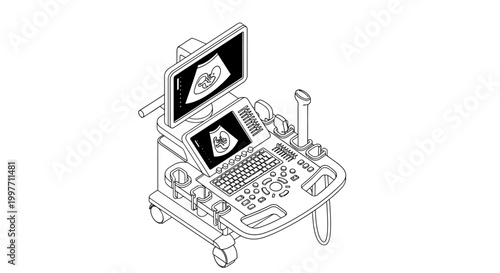 Isometric line drawing of a modern medical ultrasound machine with two screens displaying diagnostic images.