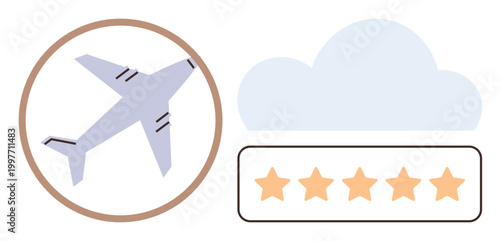 Travel reviews, aviation services, customer satisfaction, online booking, quality assurance, airline ratings. Airplane in a circle, cloud and five-star rating. Travel reviews and aviation services