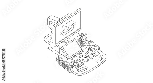Isometric line art drawing of a modern medical ultrasound machine with a monitor and control panel, used for diagnostic imaging.