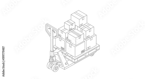 Isometric line art illustration of a pallet jack loaded with multiple cardboard boxes, representing logistics and warehouse operations.