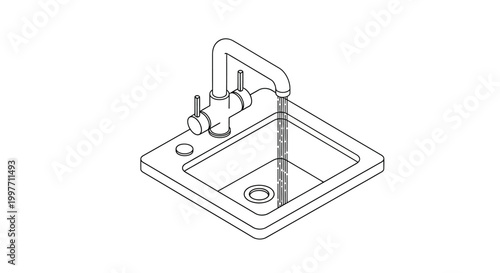 Isometric line drawing of a kitchen sink with a running faucet, illustrating water flowing into the basin.