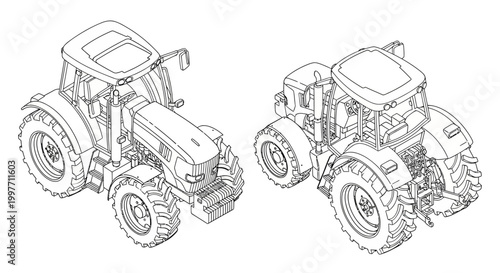Isometric line drawings of a modern agricultural tractor from two different perspectives, showcasing its design and mechanical structure.