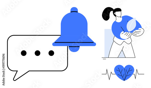Notifications, sustainability, wellness, nature conservation, health awareness, digital communication. Bell icon for alerts, woman holding plant heart with pulse and leaf. Notifications