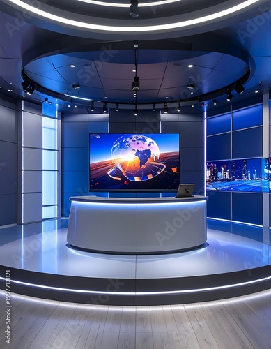 Modern television studio with a curved desk, large screens, and vibrant blue lighting. Shows a globe image on the main display