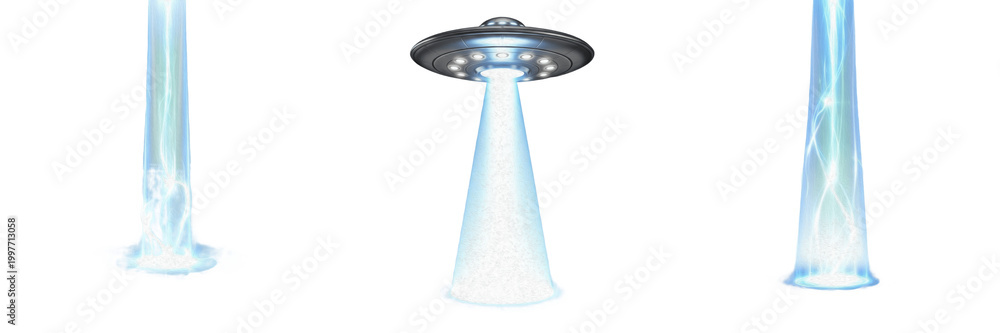 Naklejka premium Classic Alien UFO Flying Saucer with Abduction Beam Isolated on White Background Sci-Fi Concept Realistic 3D Render High Quality Transparent PNG Graphic Design Element