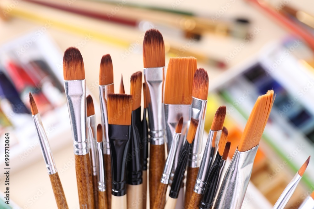Fototapeta premium Different paintbrushes on blurred background, closeup view