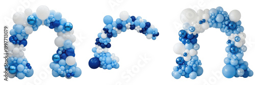 Festive Blue and White Balloon Arch Isolated on White Background Party Celebration Event Decor Realistic 3D Render High Quality Transparent PNG Graphic Design Element