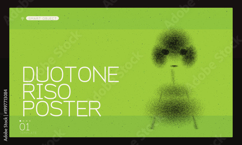 Duotone riso poster with grainy abstract character, minimalist green risograph vector illustration, textured stipple art print template