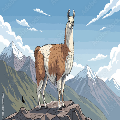 Llama standing on rocky mountain peak with snowy peaks background