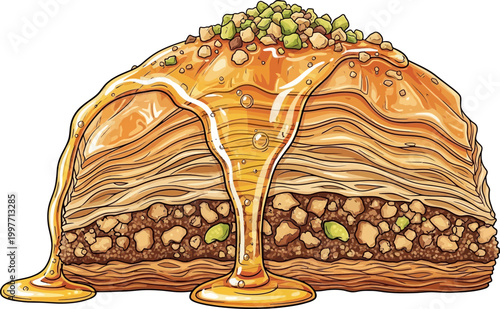 Golden caramel drizzled layered crepe cake with pistachios and honey on dark background