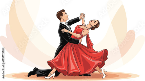 Elegant Couple Dancing Waltz in Ballroom, Red Dress