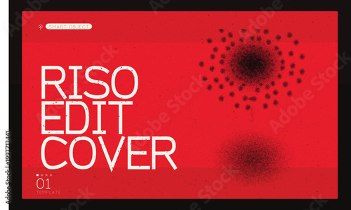 Risograph style red book cover template, retro grainy texture background with abstract stipple art, minimalist riso edit cover vector illustration
