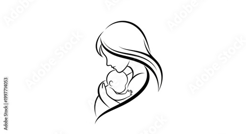 Continuous line drawing of mother cradling newborn baby in arms