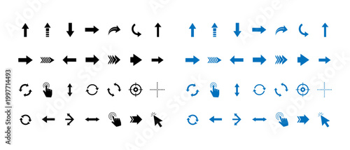 Collection of black arrow icons diverse styles and directions for user interface design