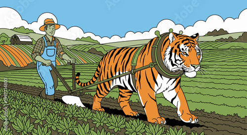 Farmer plowing field with tiger colorful illustration concept surreal scene