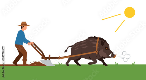 Farmer plowing field with wild boar under bright sunlight illustration