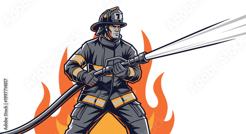 Firefighter in action vector illustration of a professional at work