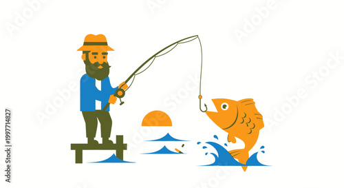 Fisherman fishing with rod on pier with orange fish and sun vector illustration