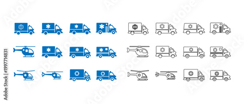 Set of blue delivery truck icons and related logistics symbols in a grid layout