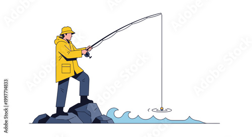 Fisherman in yellow raincoat fishing with rod on rock vector illustration
