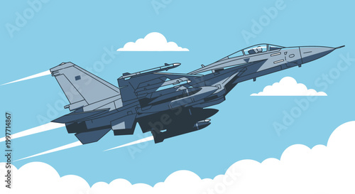 Jet aircraft soaring through blue sky with white clouds vector illustration