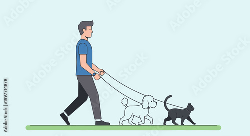 Man walking dog and cat on leash against a simple background
