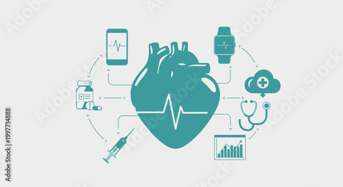 Medical illustration of a heart with health monitoring technology and devices