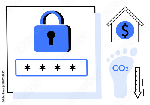 Cybersecurity, password security, carbon footprint, energy savings, financial security, sustainability. Padlock and password symbols, CO2 footprint and savings concept. Cybersecurity and carbon