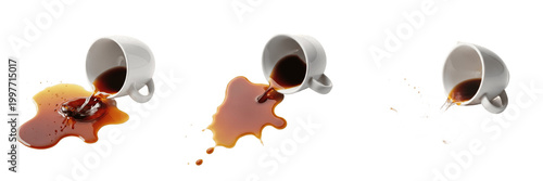Cuadro en lienzo Spilled Cup of Black Coffee Isolated on White Background Morning Breakfast Mess