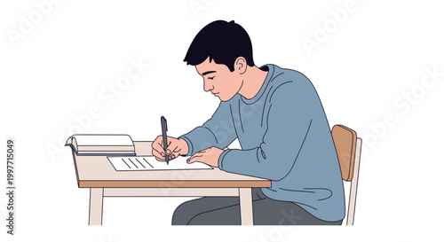 Young person studying and writing at desk education concept illustration