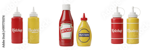 Canvas Print Red Ketchup and Yellow Mustard Squeeze Bottles Isolated on White Background Cond