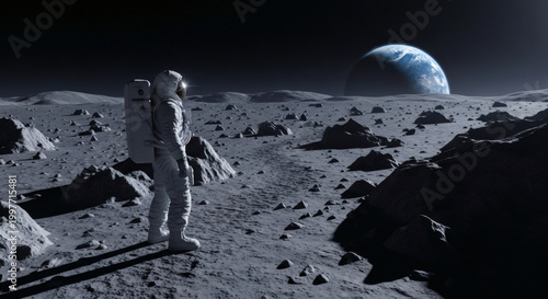 Lone astronaut stands silently observing the majestic blue planet Earth rising over the rugged, cratered surface of the moon under a dark starry sky.