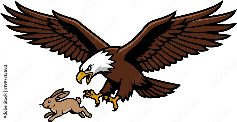 Fototapeta premium Bald Eagle Hunting a Rabbit in Flat Design Style clipart isolated on a transparent background