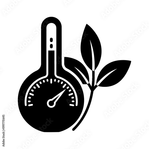 Thermometer and plant leaves represent environmental monitoring and sustainability.
