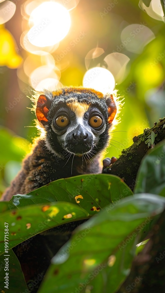 Fototapeta premium Lemur in forest with green leaves.