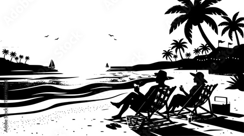 Vector illustration with summer vacation as a motif ( silhouette couple relaxing on the beach side )
