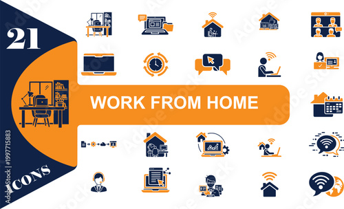 WORK FROM HOME: work, home, icons, productivity, communication, remote, office, laptop, clock, house, internet, wifi, people, desk, chair, computer, phone, email, calendar, workflow, telecommute