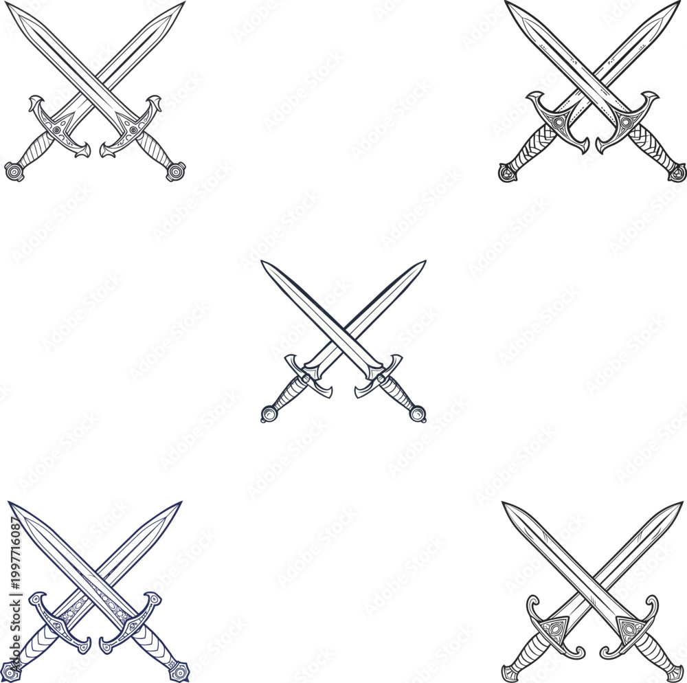 Fototapeta premium Detailed line art illustration of crossed swords set for heraldic design and emblems.