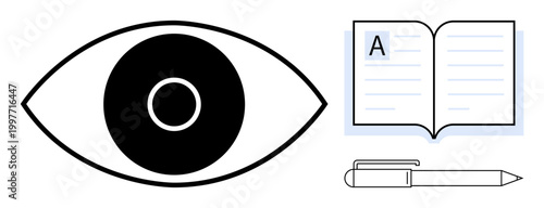Education, learning, creativity, vision, literacy, communication. A bold eye symbol alongside an open book and pen. Education and learning concepts through symbolic elements