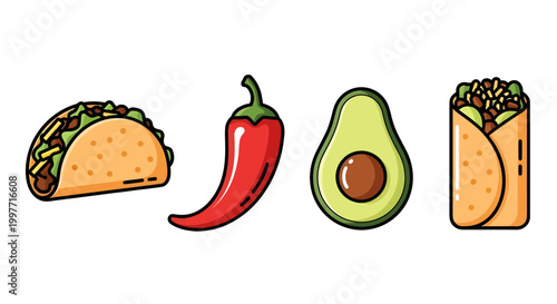 Mexican food icon set taco avocado cuisine collection