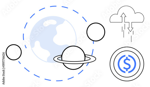 Planet concept. Planet surrounded by rings with a dotted orbit, cloud computing symbols, and financial currency sign. Planet in modern technology, cloud data storage, fintech solutions, space
