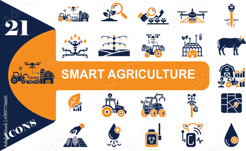 SMART AGRICULTURE: smart, agriculture, farming, tractor, drone, greenhouse, farm, technology, icon, graphic, design, collection, rural, countryside, agricultural, equipment, machine, tool