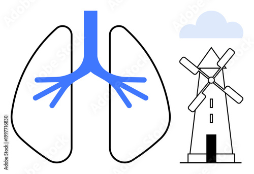Renewable energy, sustainability concepts, environmental health, green solutions, air quality, alternative energy. Stylized lungs and a windmill with a cloud above. Renewable energy