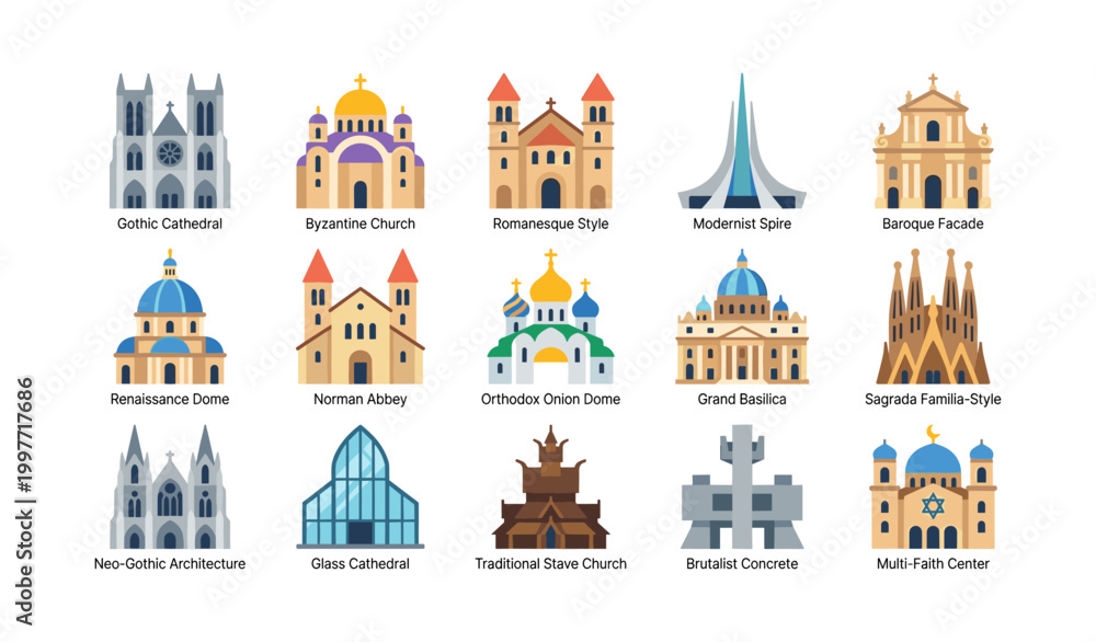 Fototapeta premium Architectural and church style icons displayed on white background