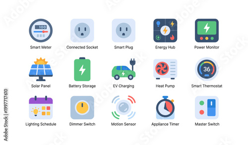Smart energy icons representing home devices and systems in grid